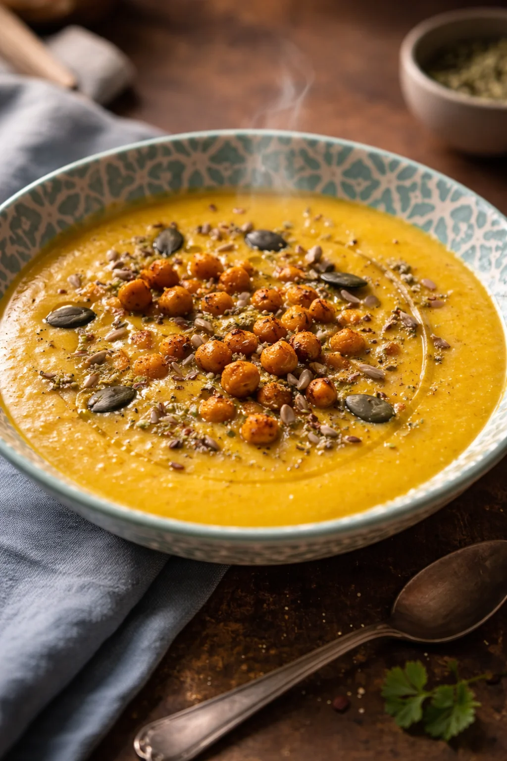 Crema di Finocchi, Porro e Patata con Ceci Piccanti servita in un piatto elegante.