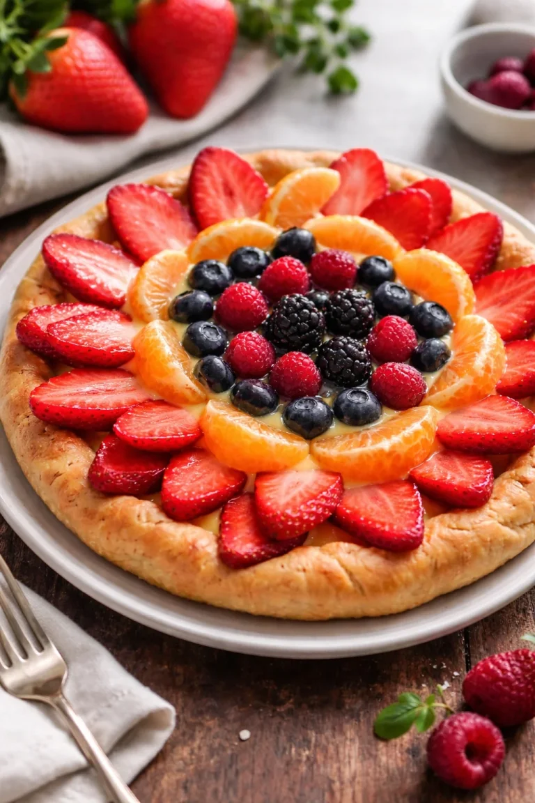 Crostata con crema e frutta fresca, dolce artigianale delizioso e colorato.