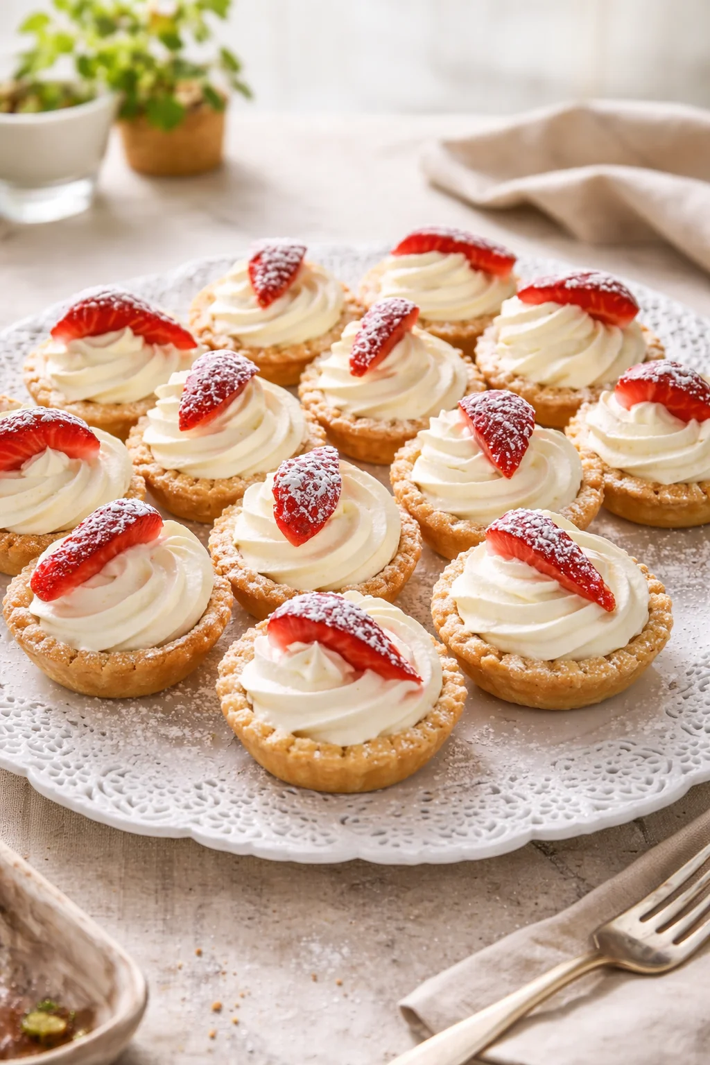 Crostatine con crema chantilly e fragole fresche su un piatto decorativo