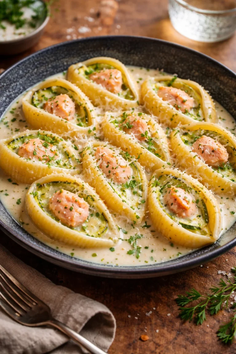 Conchiglioni ripieni di zucchine e salmone, un piatto italiano saporito.