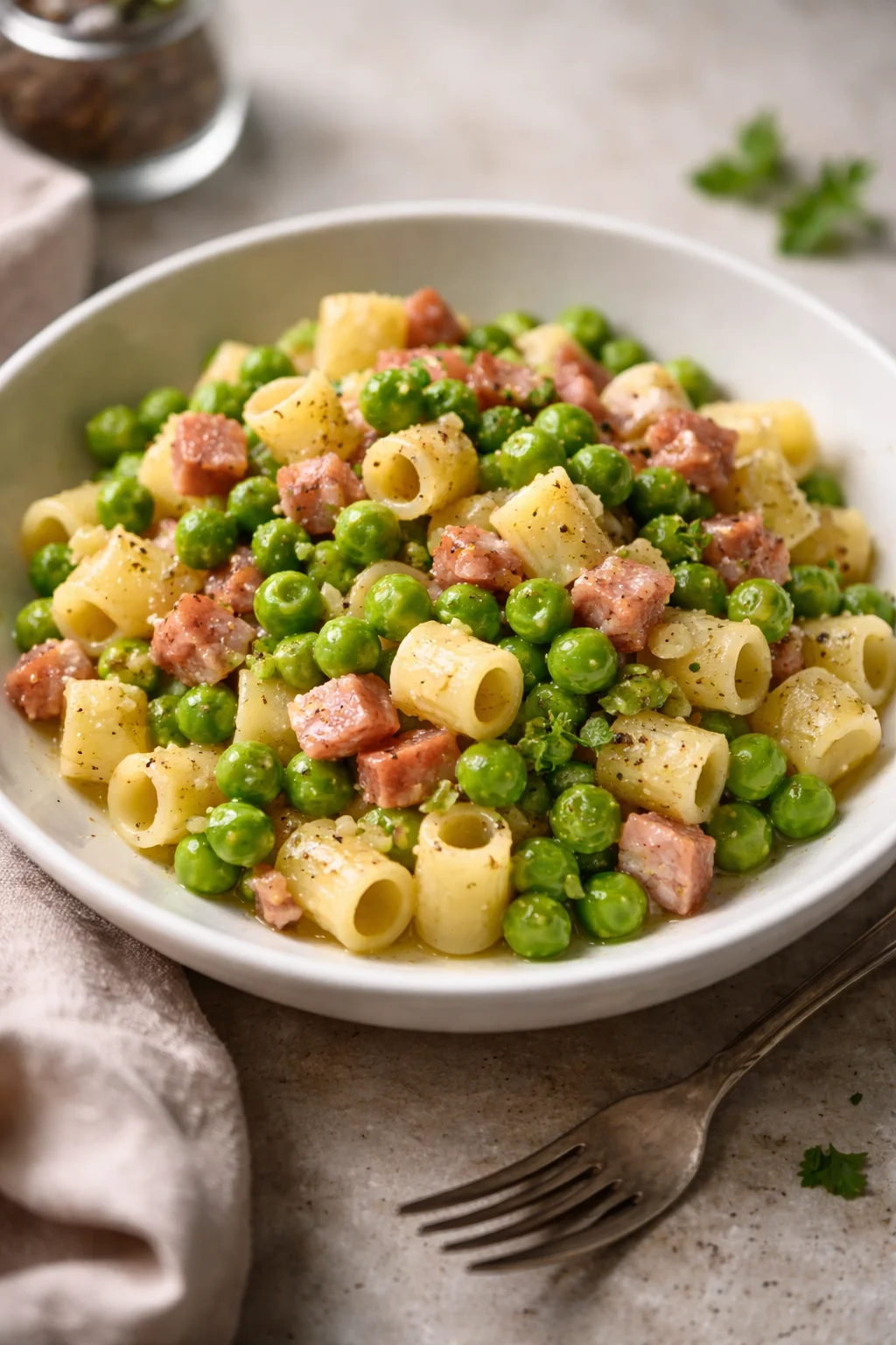 Ditaloni con piselli e pancetta, un piatto italiano delizioso e ricco di sapore.