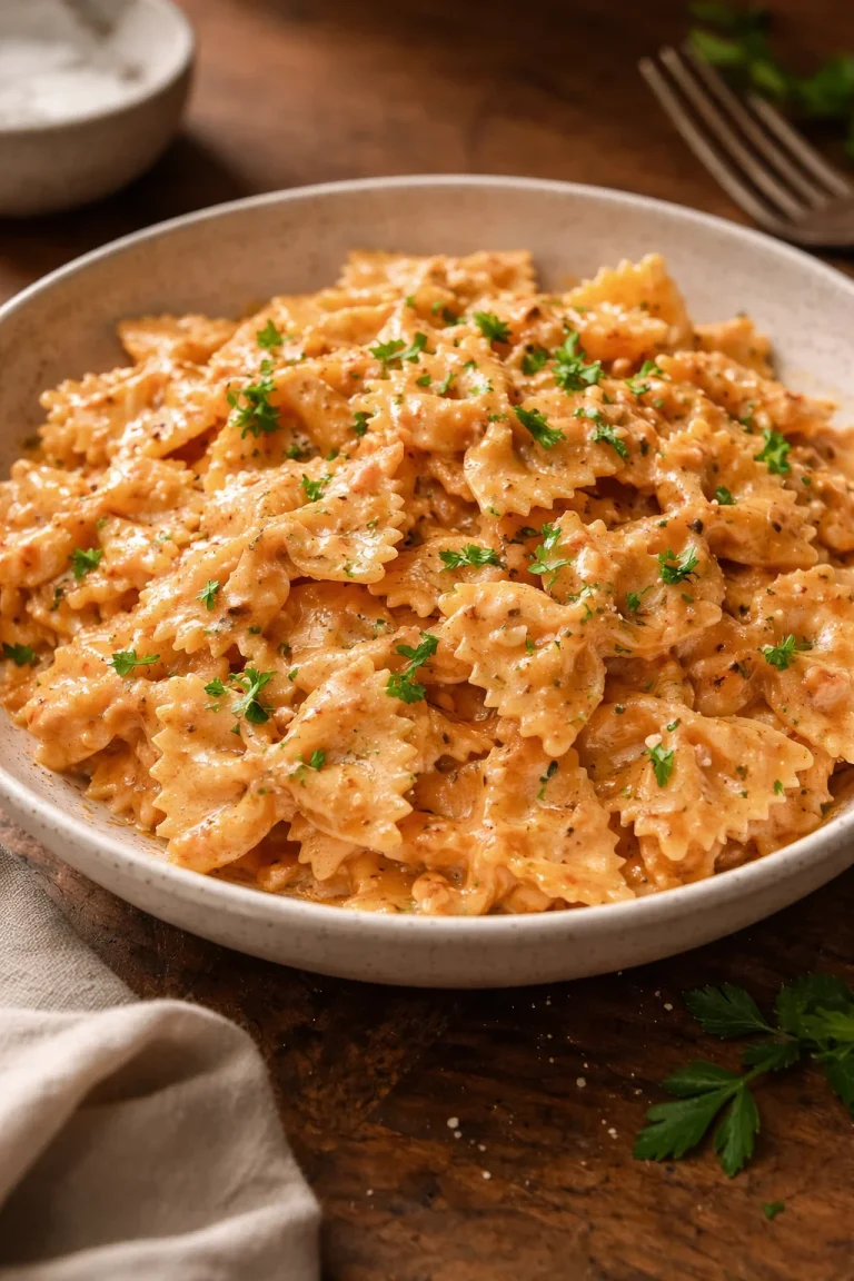 Piatto di farfalle al salmone fatto in casa con ingredienti freschi