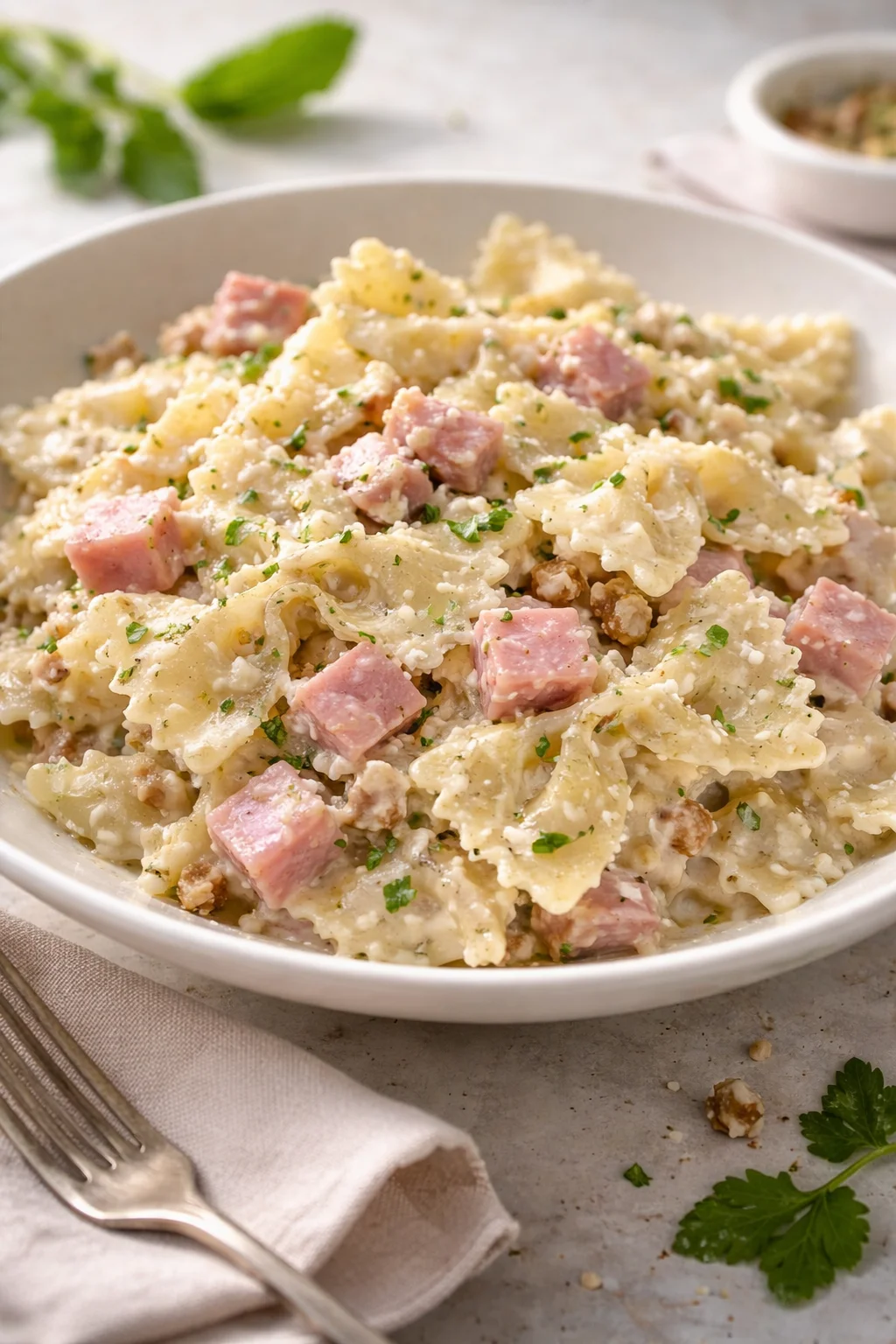 Farfalle con zucchine, prosciutto cotto, Philadelphia e noci in un piatto delizioso.