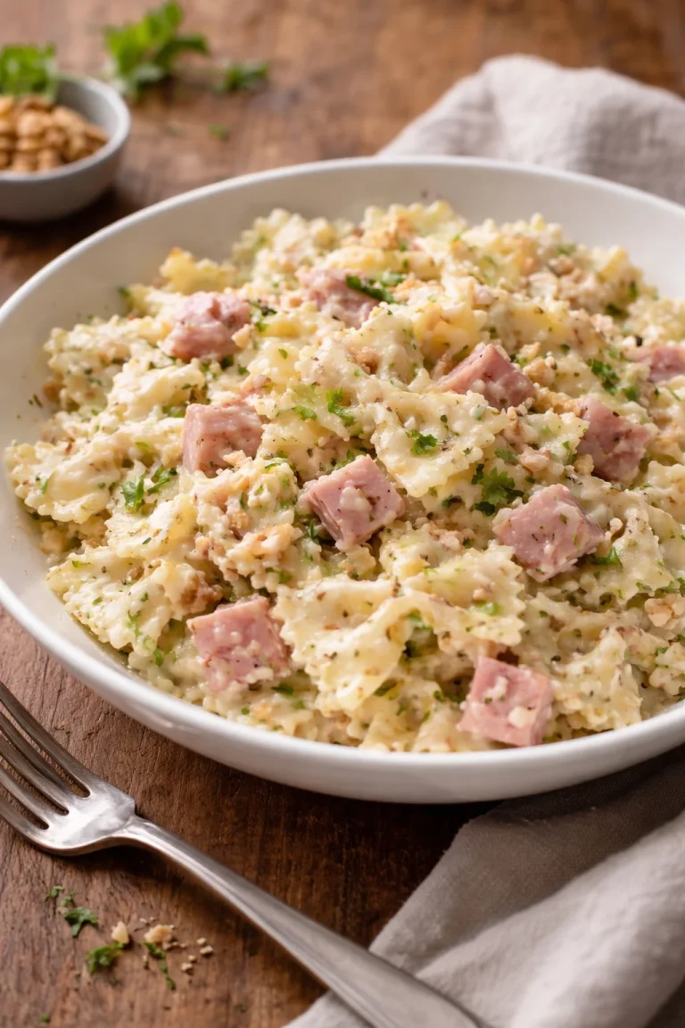 Farfalle con zucchine, prosciutto cotto, Philadelphia e noci in un piatto