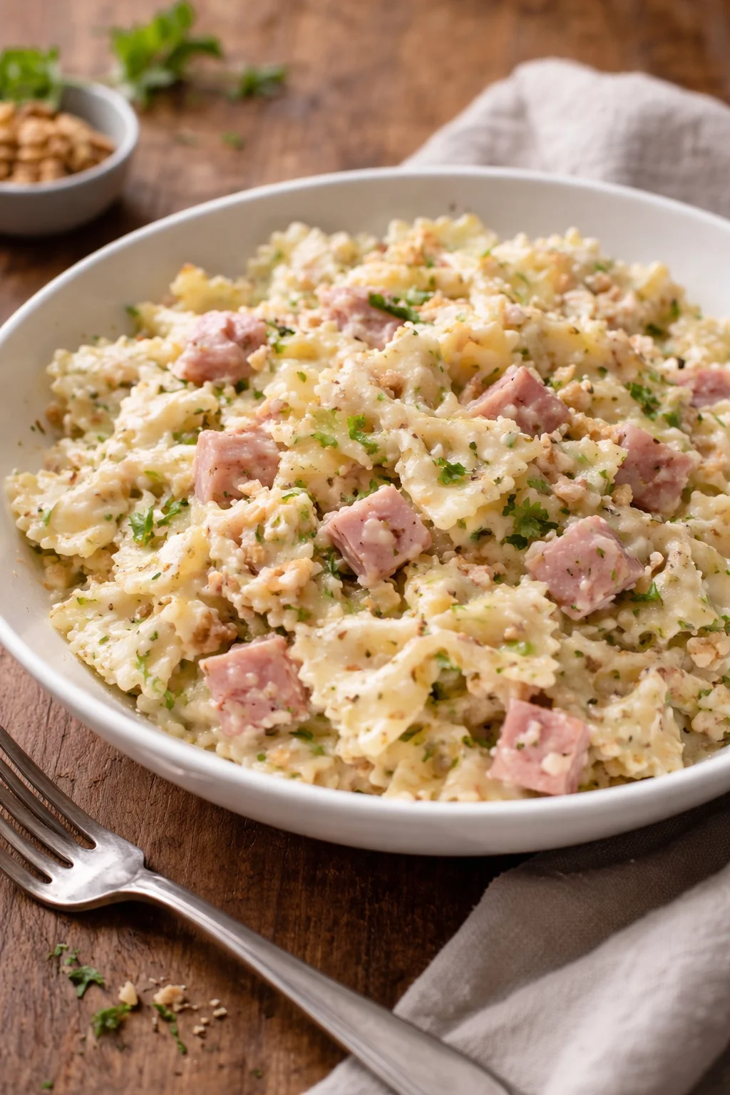 Farfalle con zucchine, prosciutto cotto, Philadelphia e noci in un piatto