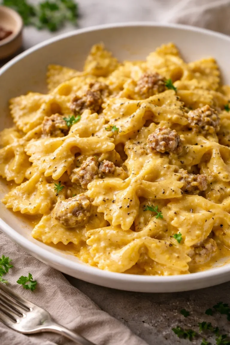 Piatto di Farfalle Salsiccia Panna e Zafferano decorato con prezzemolo fresco