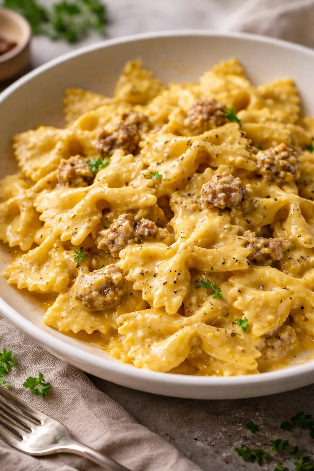 Piatto di Farfalle Salsiccia Panna e Zafferano decorato con prezzemolo fresco