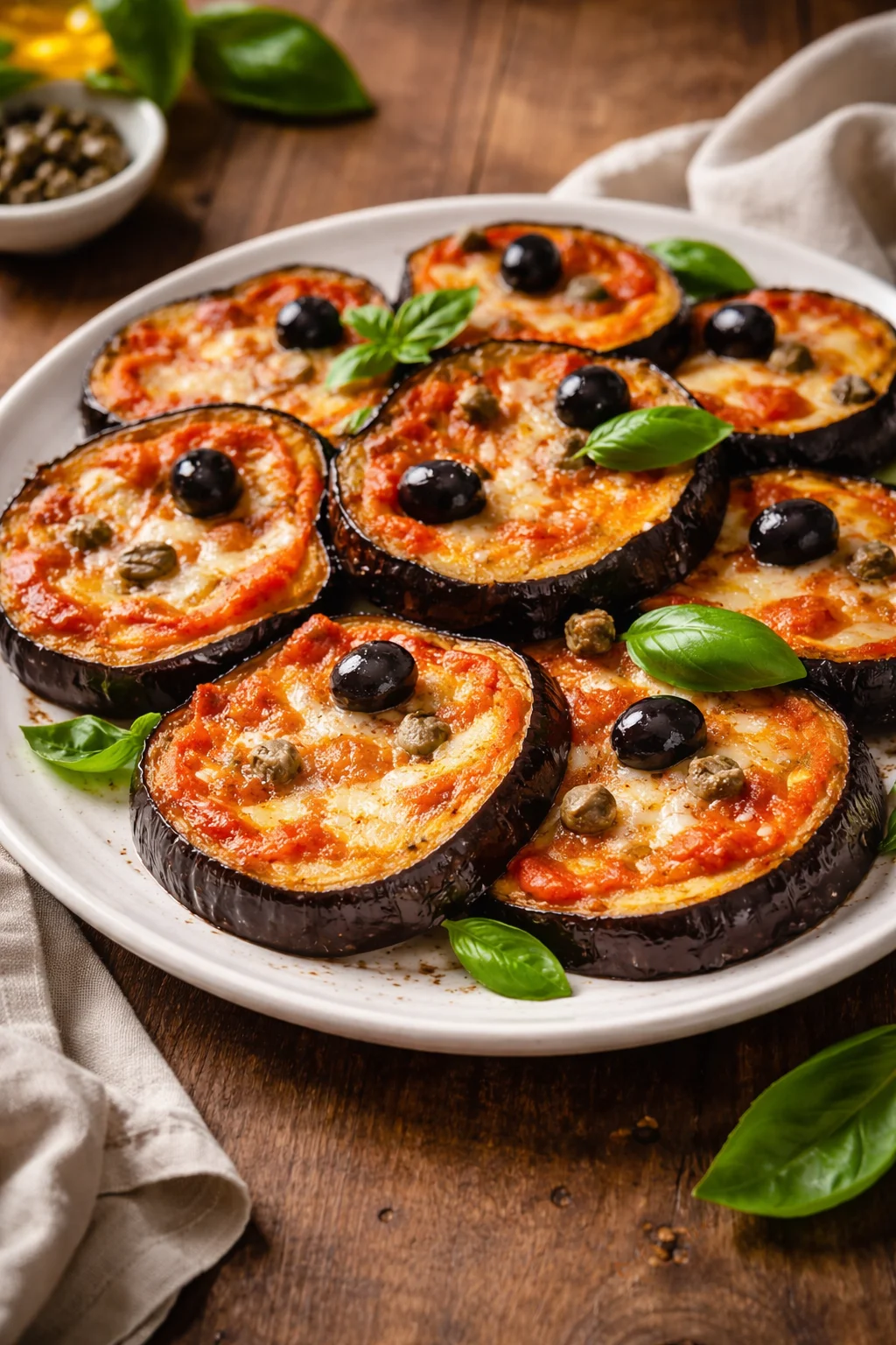 Fettine di Melanzane alla Pizzaiola servite con pomodoro e origano.