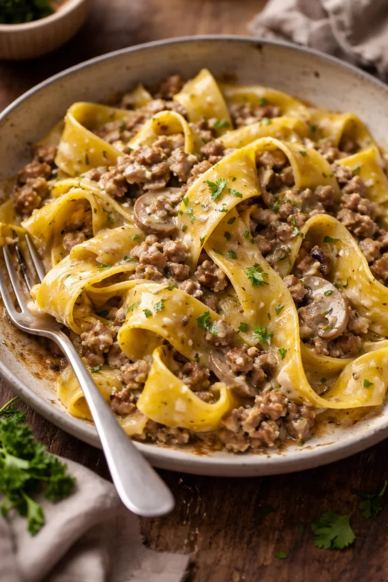 Piatto di Fettuccine ai Funghi Porcini e Salsiccia, un'ottima ricetta italiana.