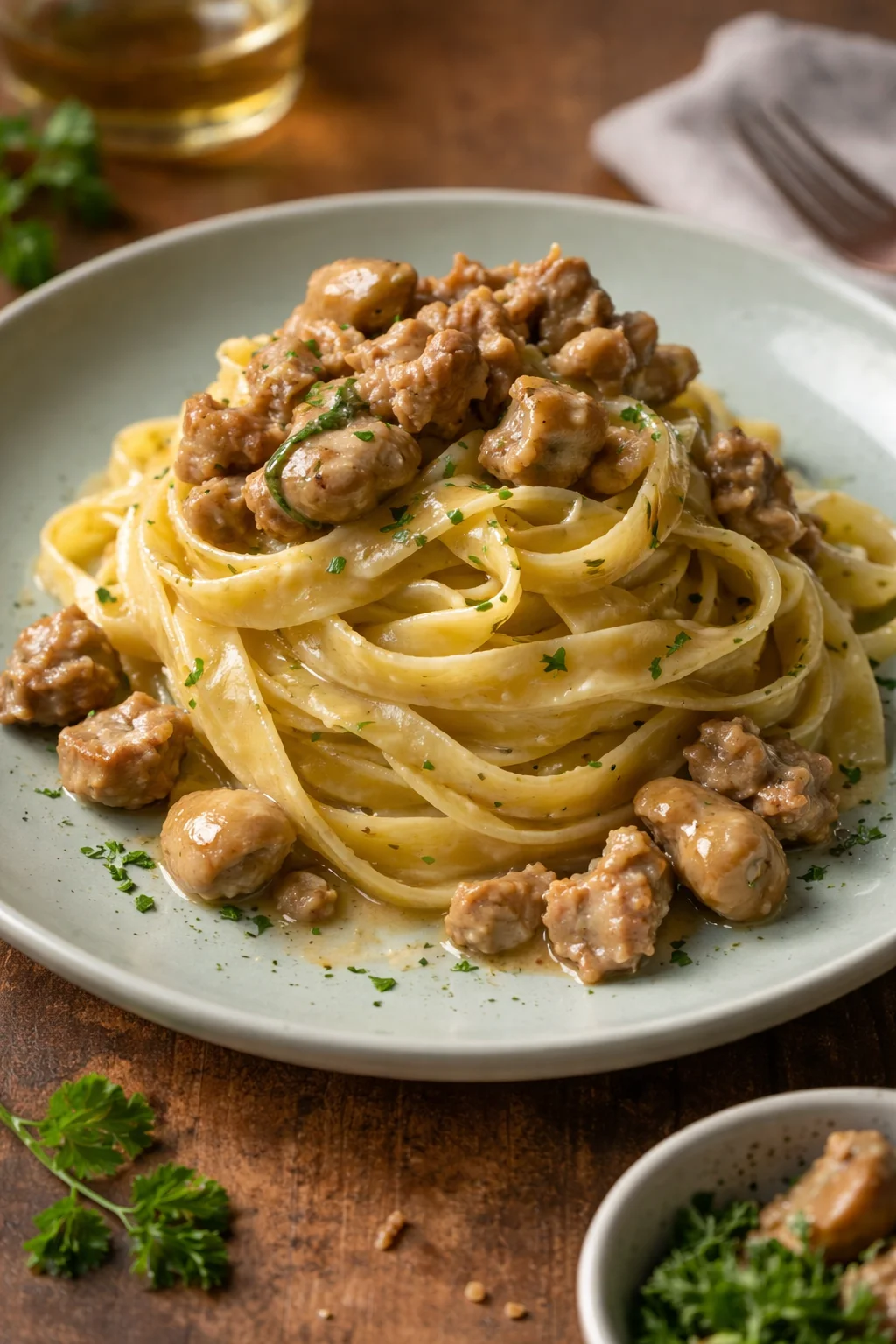 Fettuccine porcini con salsiccia, un piatto semplice e saporito.