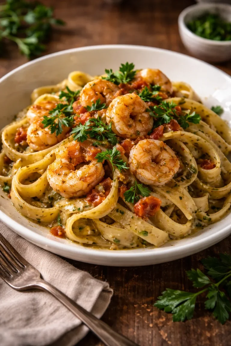 Fettuccine Gamberetti con pesto e pomodoro fresco servito in un piatto elegante