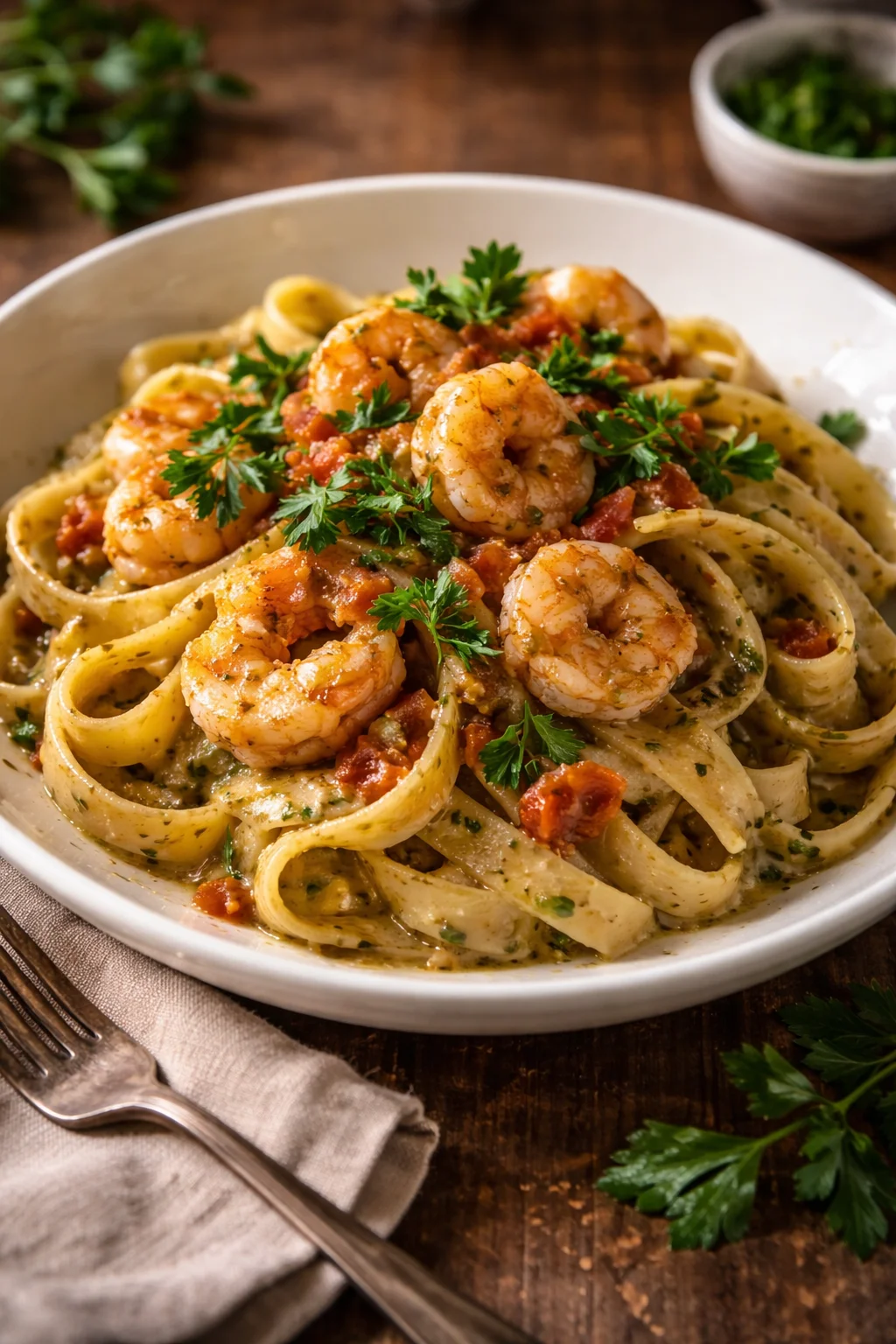Fettuccine Gamberetti con pesto e pomodoro fresco servito in un piatto elegante