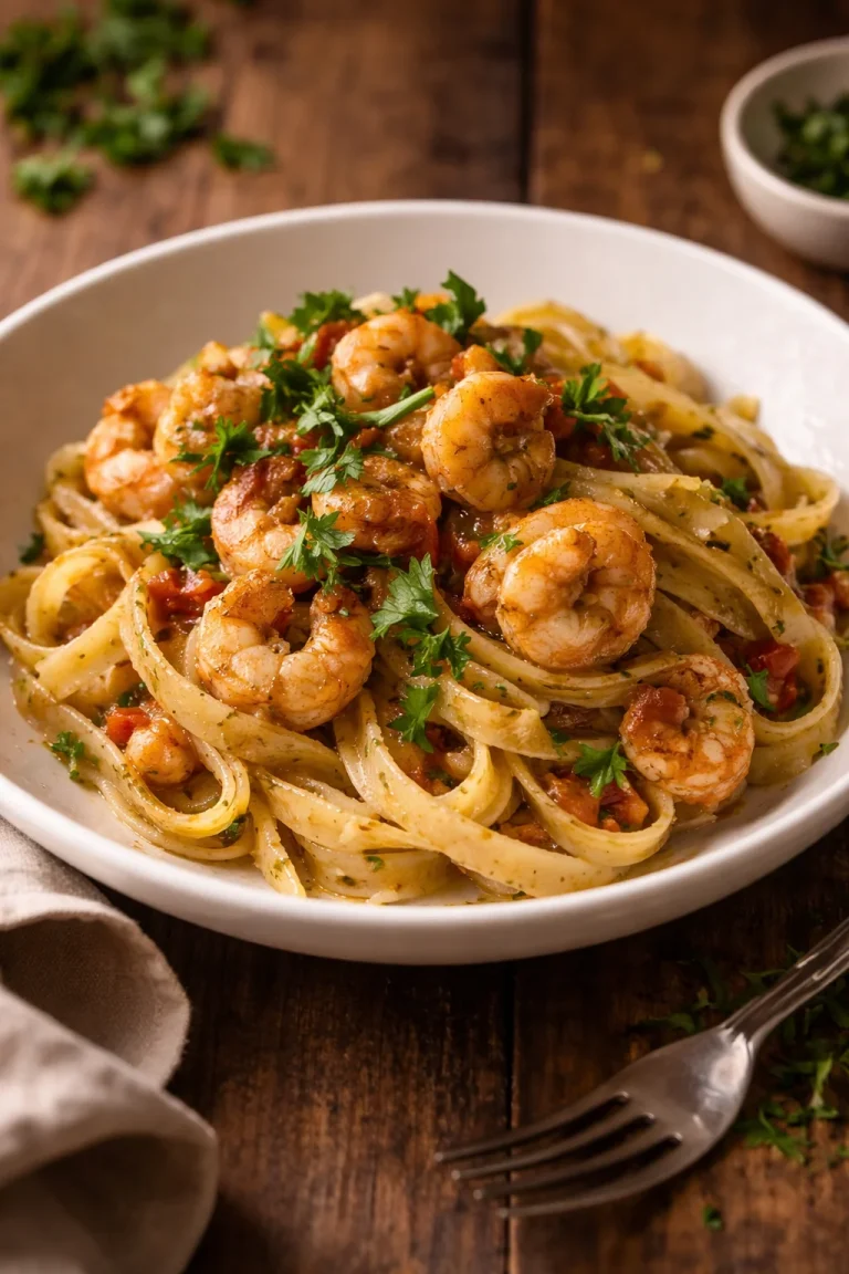 Fettuccine gamberetti con pesto e pomodoro fresco, piatto delizioso