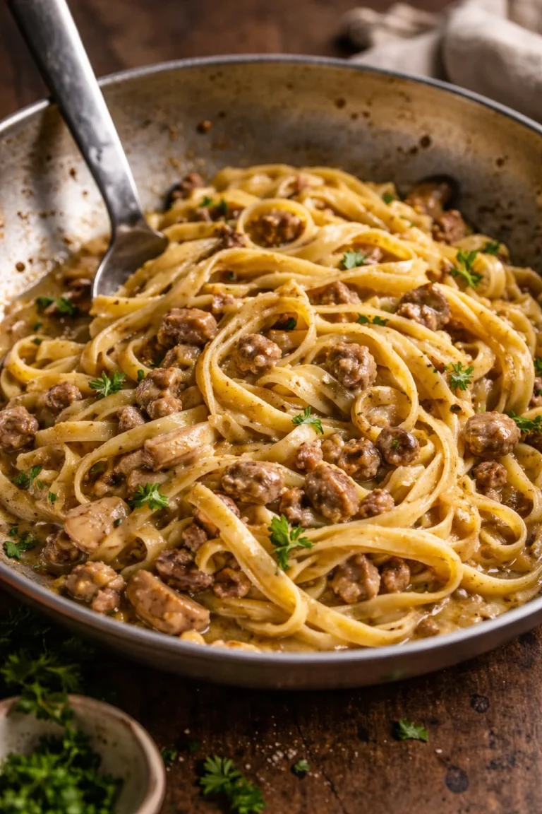 Fettuccine con funghi porcini e salsiccia in un piatto delizioso.