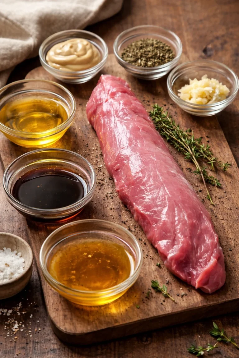 Filetto di maiale con salsa servito con contorni