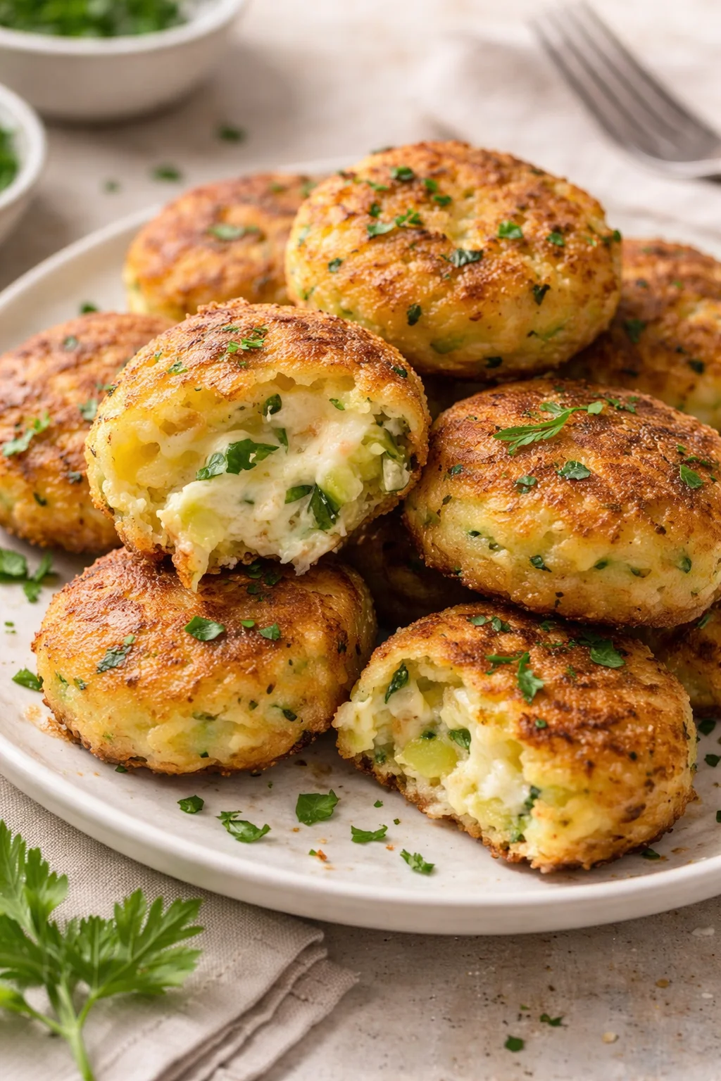 Frittelle di zucchine e patate dorate su un piatto