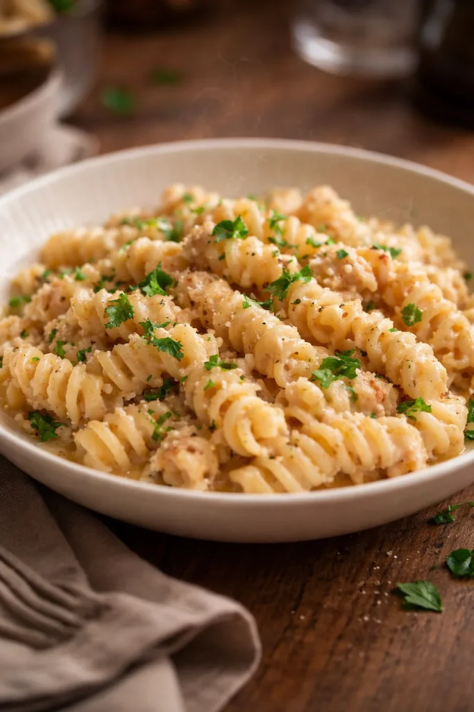 Fusilli tonno con crema di Philadelphia serviti in un piatto bianco.