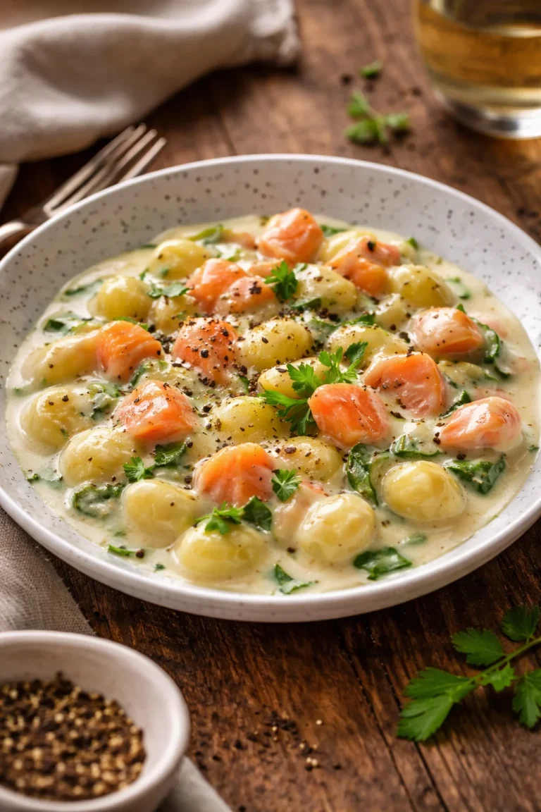 Gnocchetti cremosi con zucchine e salmone affumicato in un piatto elegante