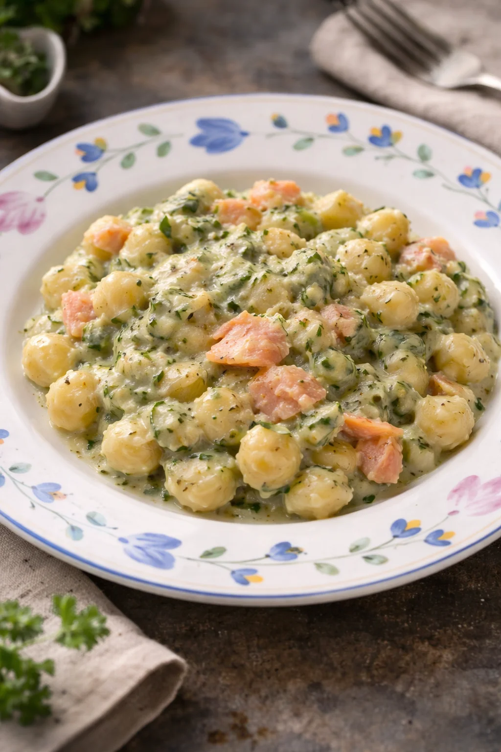 Piatto di gnocchetti zucchine e salmone affumicato