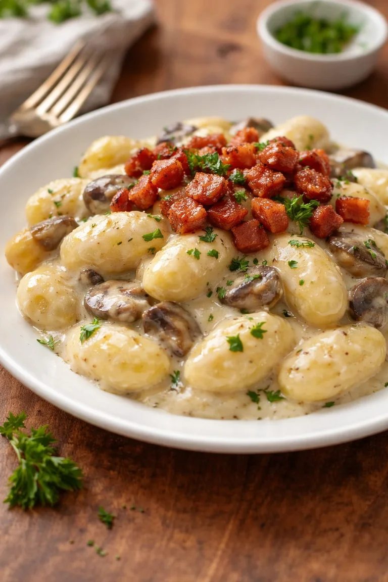 Gnocchi con crema al parmigiano, funghi e speck serviti in un piatto elegante.