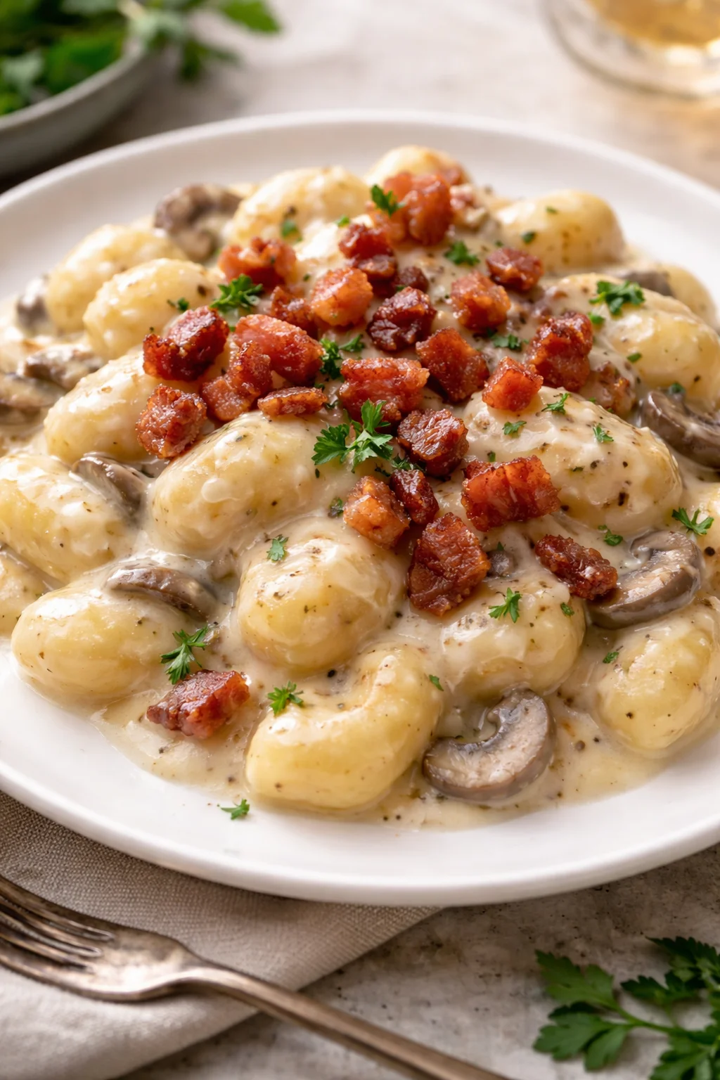 Gnocchi con crema di Parmigiano, funghi e speck serviti in un piatto elegante