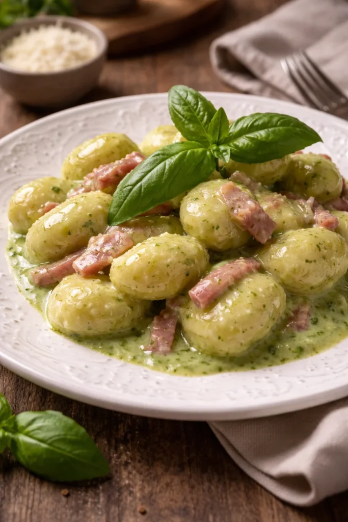 Piatto di gnocchi di patate con crema di Speck, Robiola e Pesto