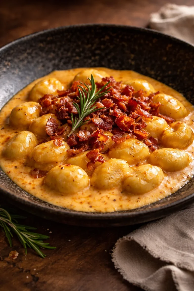 Gnocchi di zucca con crema di speck croccante serviti in un piatto elegante