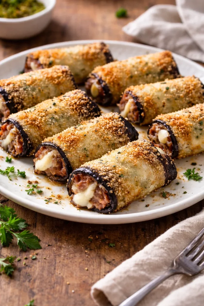 Involtini di melanzane al forno serviti in un piatto goloso