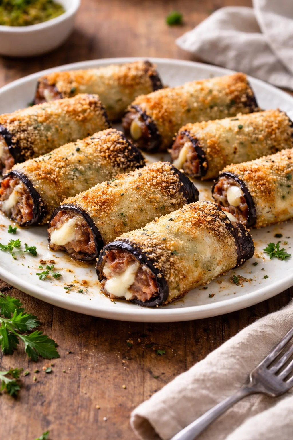 Involtini di melanzane al forno serviti in un piatto goloso