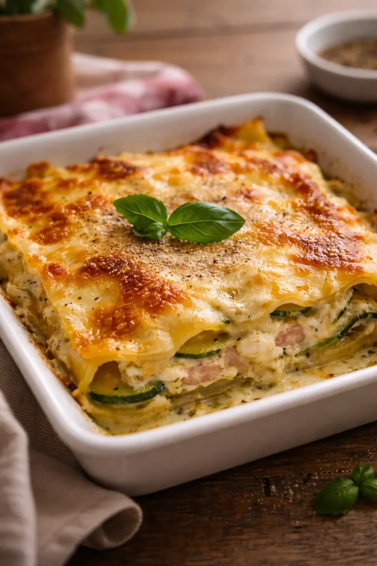 Lasagna con Zucchine e Prosciutto servita su un piatto elegante