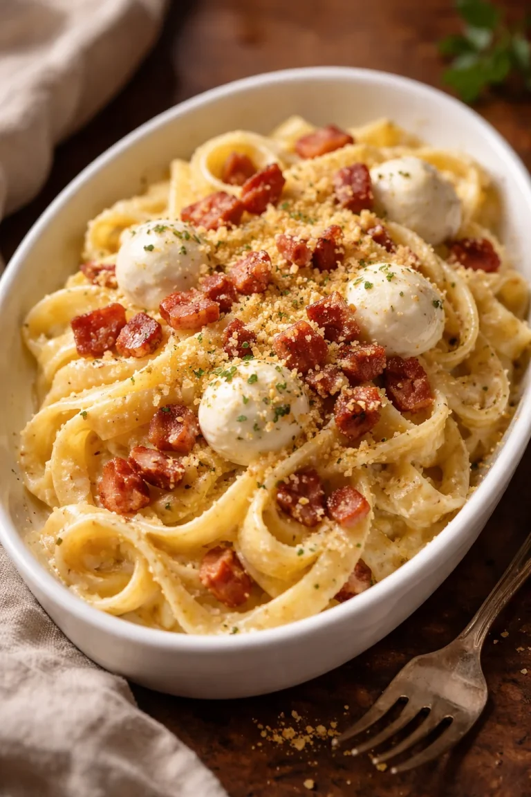 Linguine con pesto di pistacchio, mozzarella di bufala e pancetta su un piatto chic.