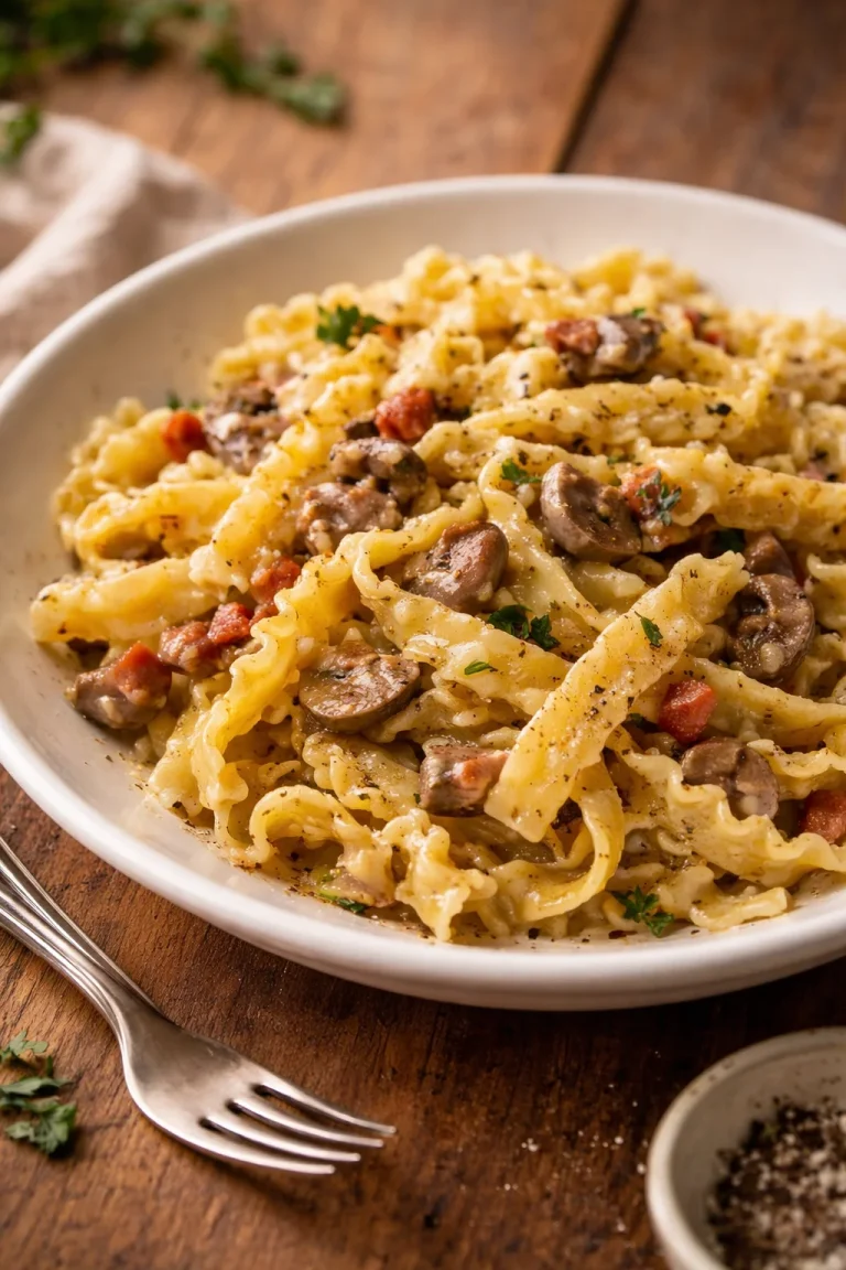 Piatto di Mafaldine con crema di funghi e pancetta servito caldo