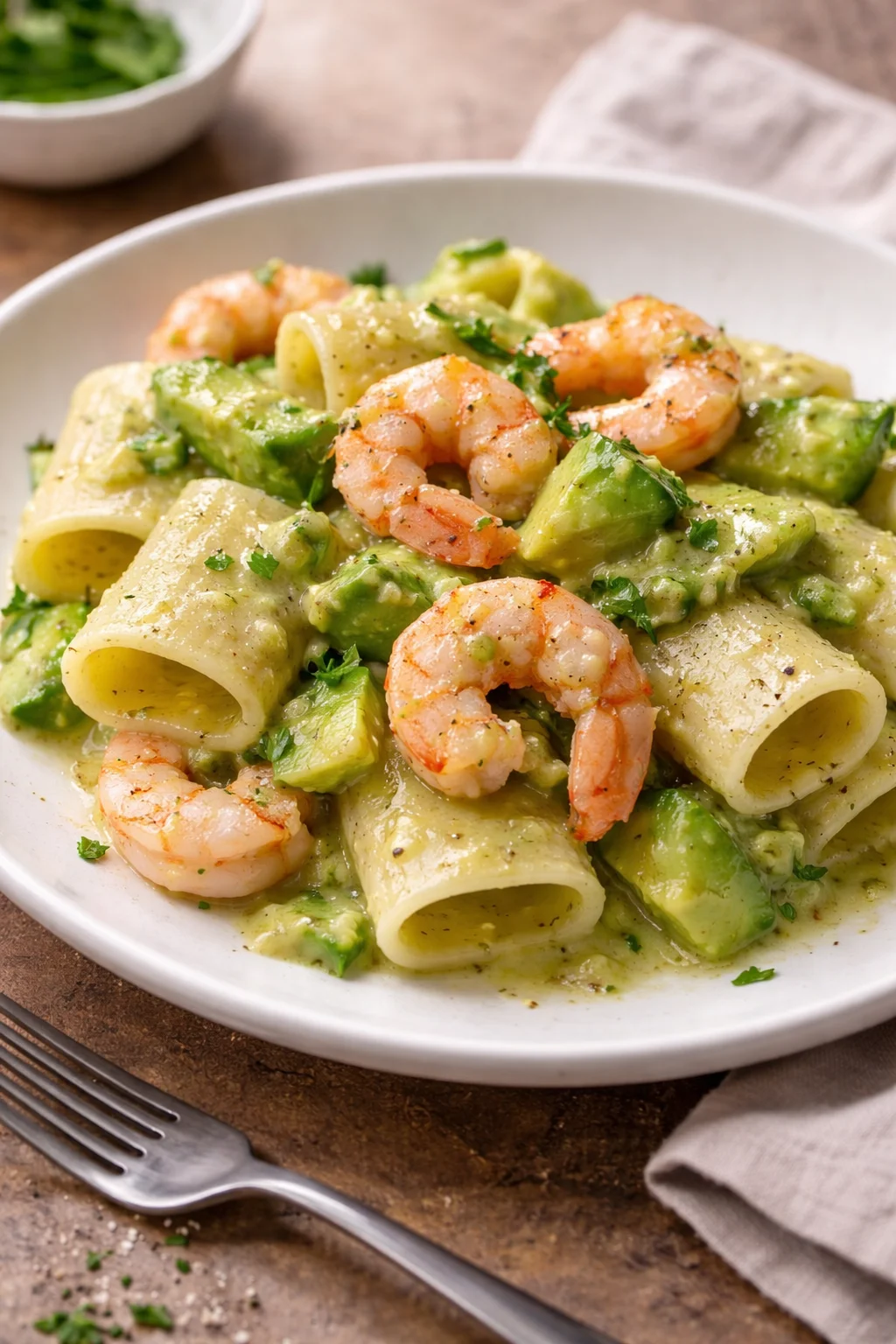 Mezzi paccheri con gamberi freschi e zucchine in un piatto appetitoso.