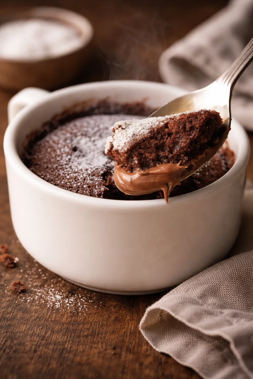 Mug cake senza uova e burro in una tazza, pronto da gustare.