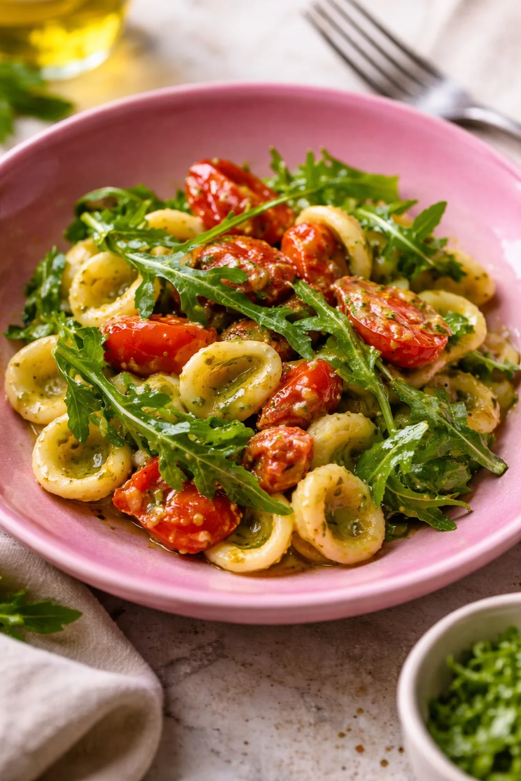 Piatto di orecchiette con pomodorini datterini e pesto di rucola