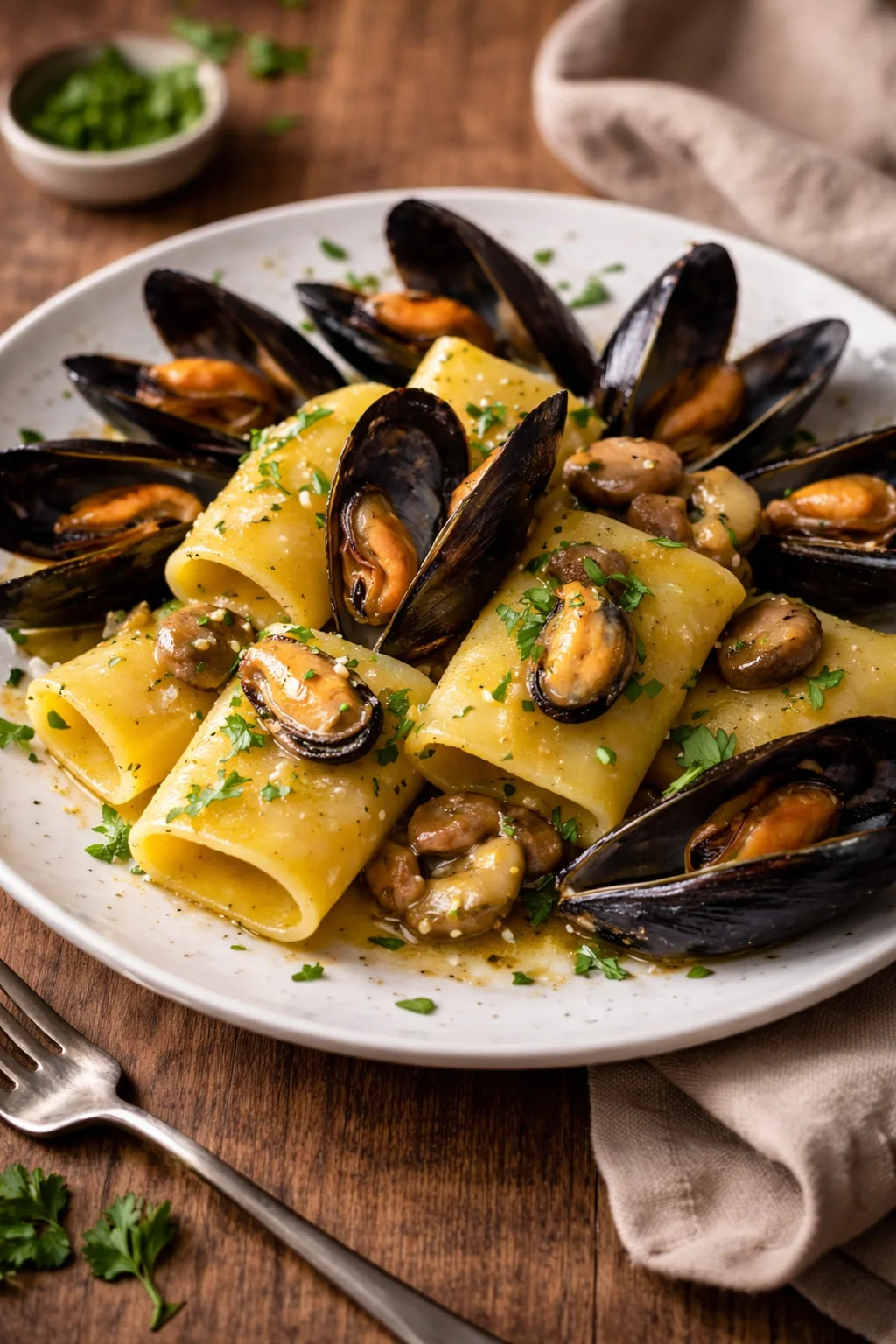 Paccheri con Porcini e Cozze serviti in un piatto elegante
