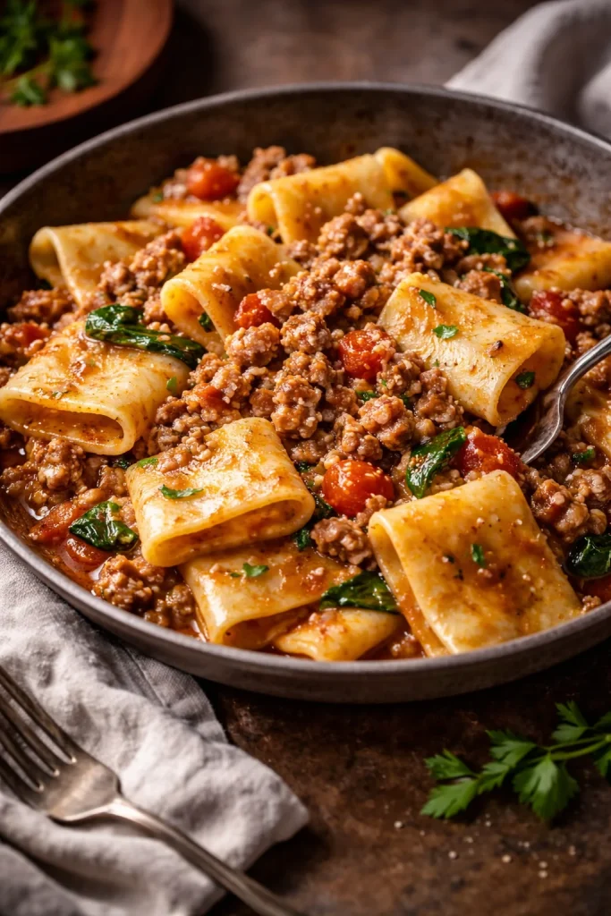 Paccheri con salsiccia, funghi e pomodorini - piatto italiano ricco di sapori