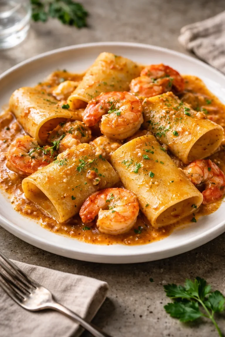 Paccheri con scampi e gamberi serviti su un piatto elegante e decorato.