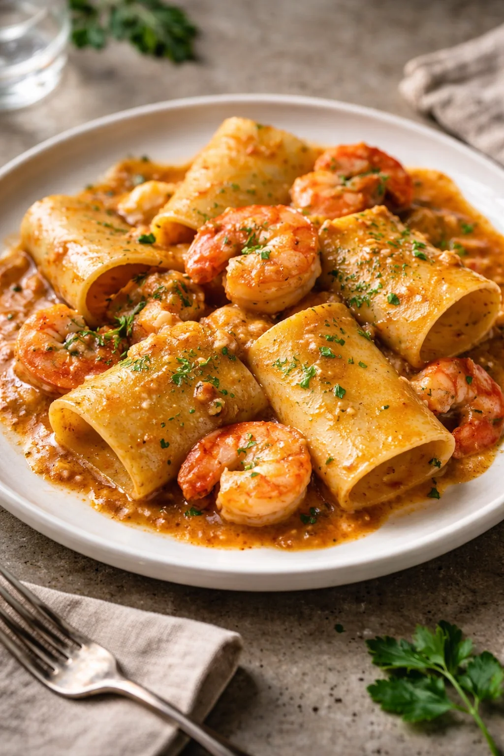 Paccheri con scampi e gamberi serviti su un piatto elegante e decorato.
