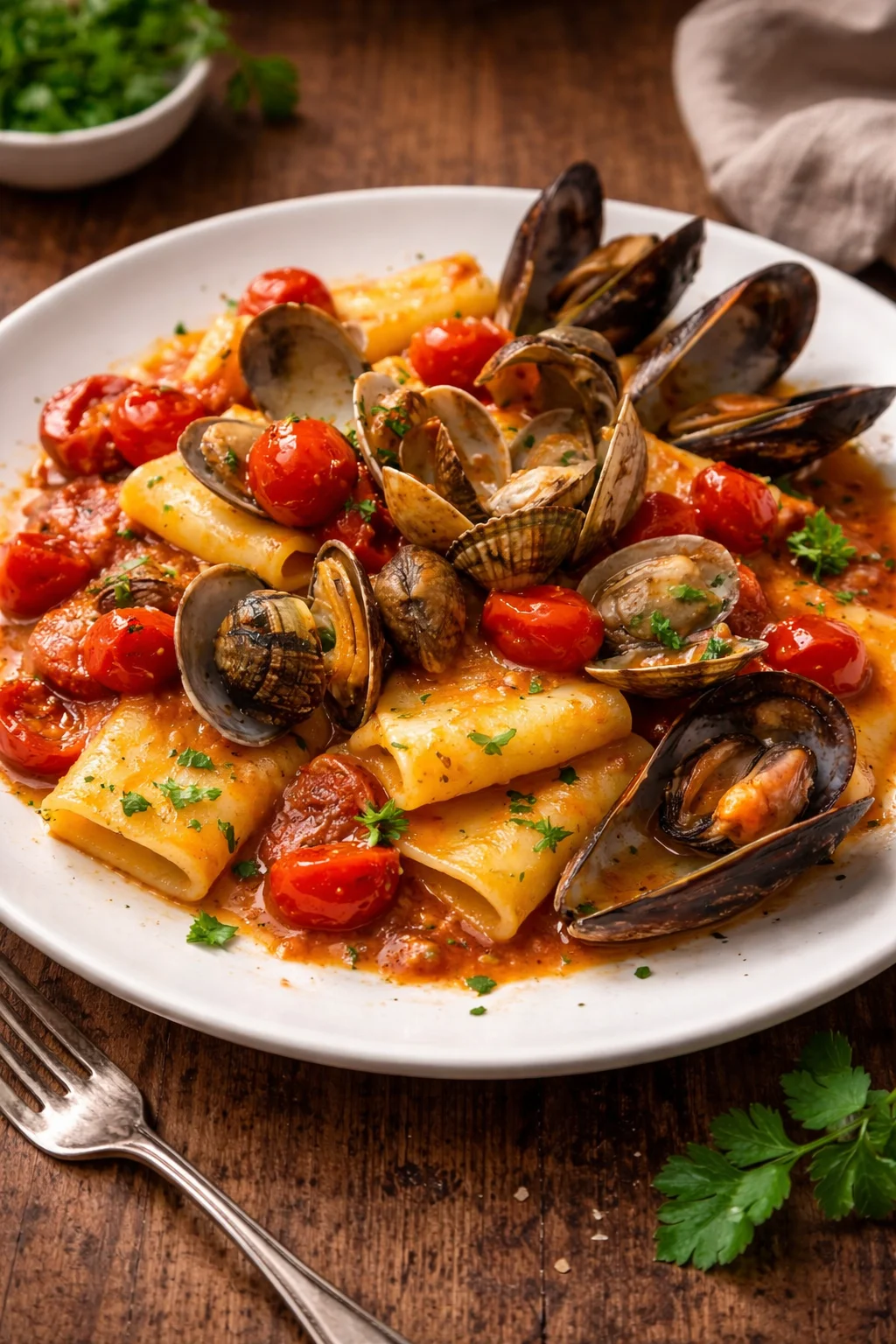 Paccheri con pomodorini freschi e frutti di mare su un piatto