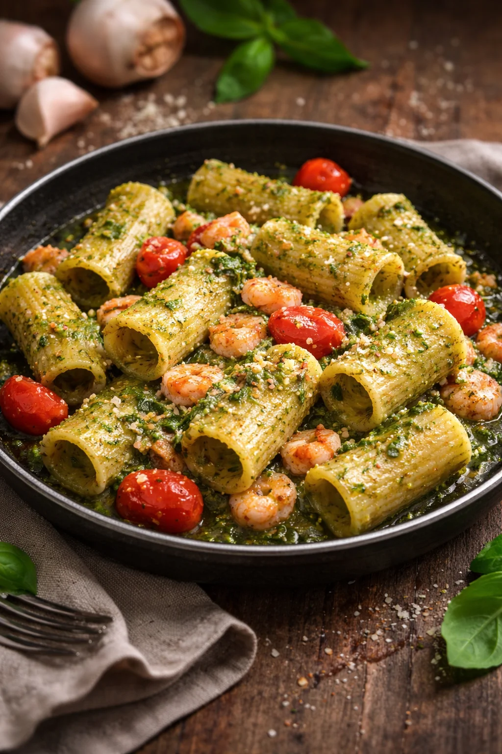 Paccheri Rigati con Pesto di Rucola e Gamberetti in un piatto delizioso.