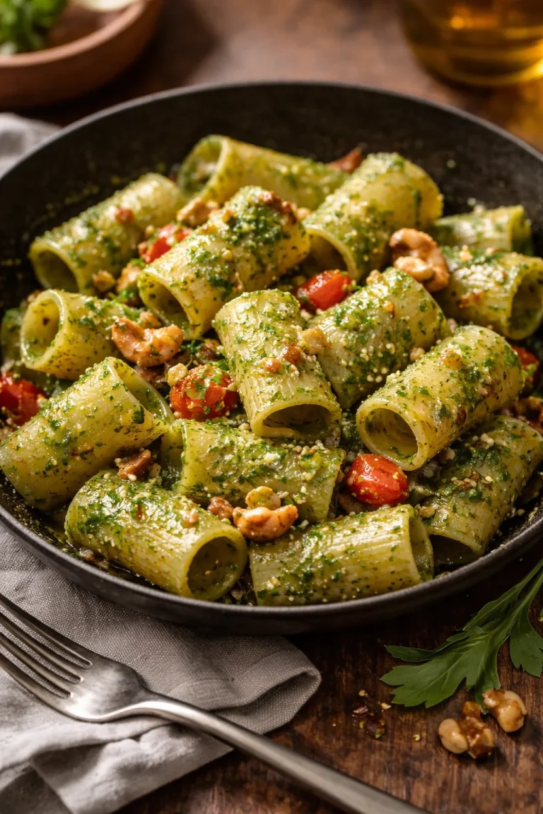 Paccheri Rigati di Gragnano con Pesto di Rucola, Pomodorini, Noci e Gamberetti