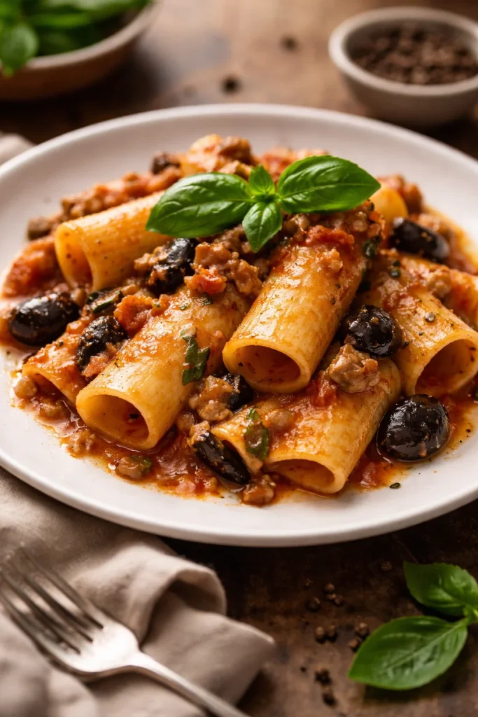 Paccheri con melanzane e salsiccia, un piatto tradizionale italiano