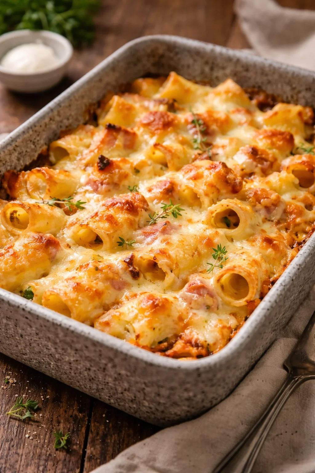 Pasta al forno con zucchine, cotto e galbanino, un piatto ricco di sapori.