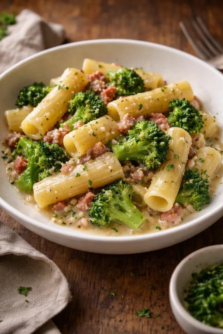 Pasta broccoli e salsiccia in un piatto decorato