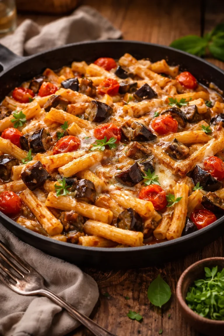 Pasta con Melanzane e Provola servita su un piatto elegante.