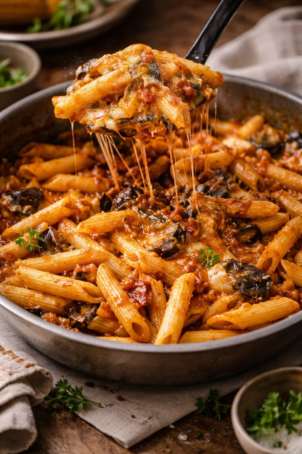 Pasta con Melanzane Fritte e Provola Affumicata servita in un piatto accattivante