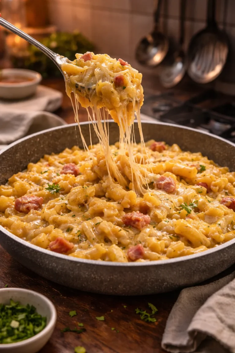 Pasta e patate con pancetta e provola servita in un piatto tradizionale