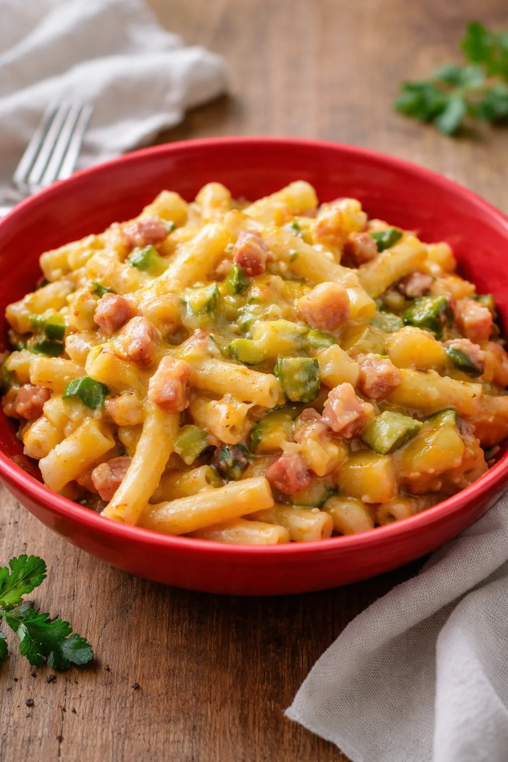 Pasta risottata con zucchine, patate, cipolle e pancetta affumicata in un piatto gustoso.