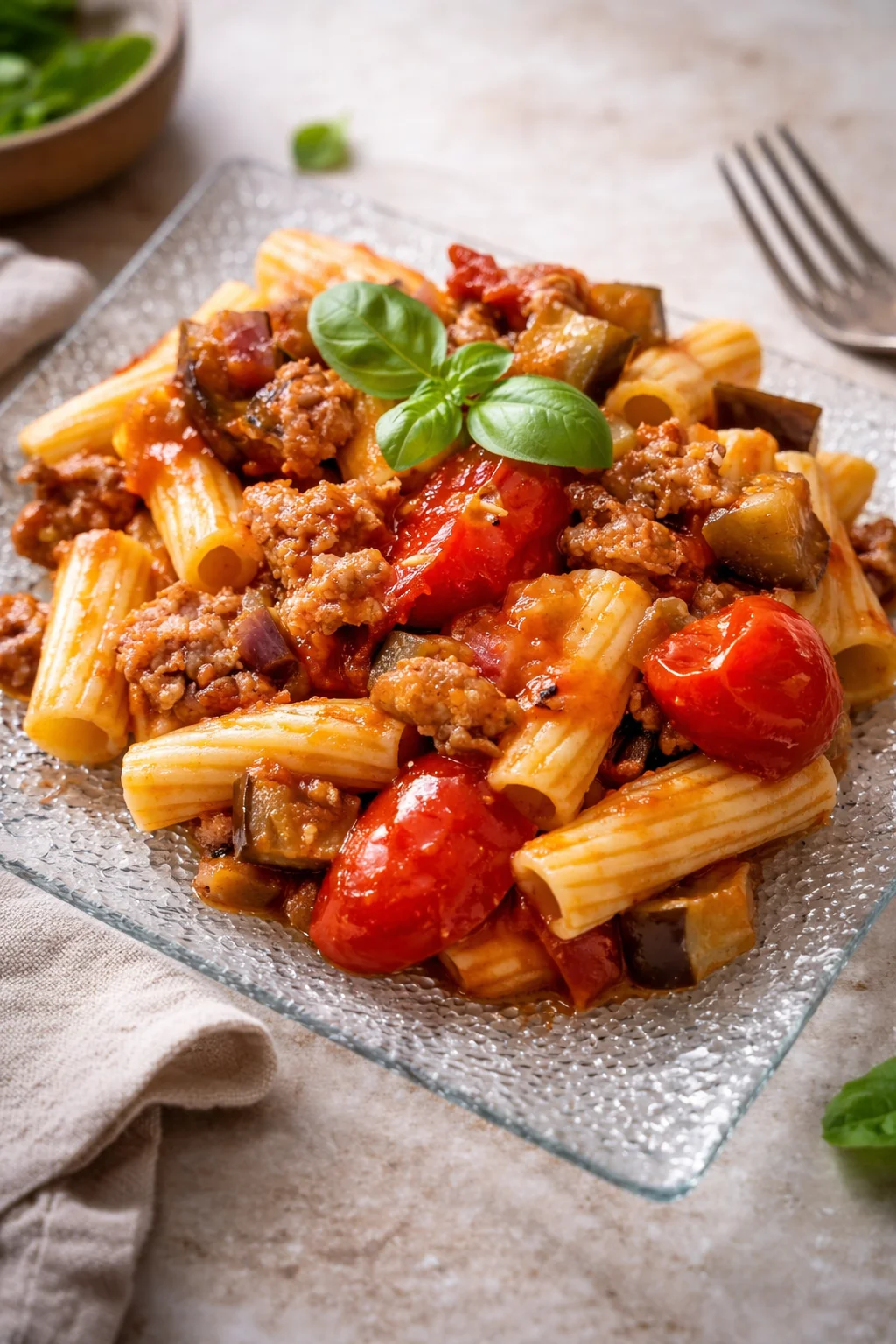 Pasta con melanzane, pomodorini e salsiccia appena servita in un piatto.